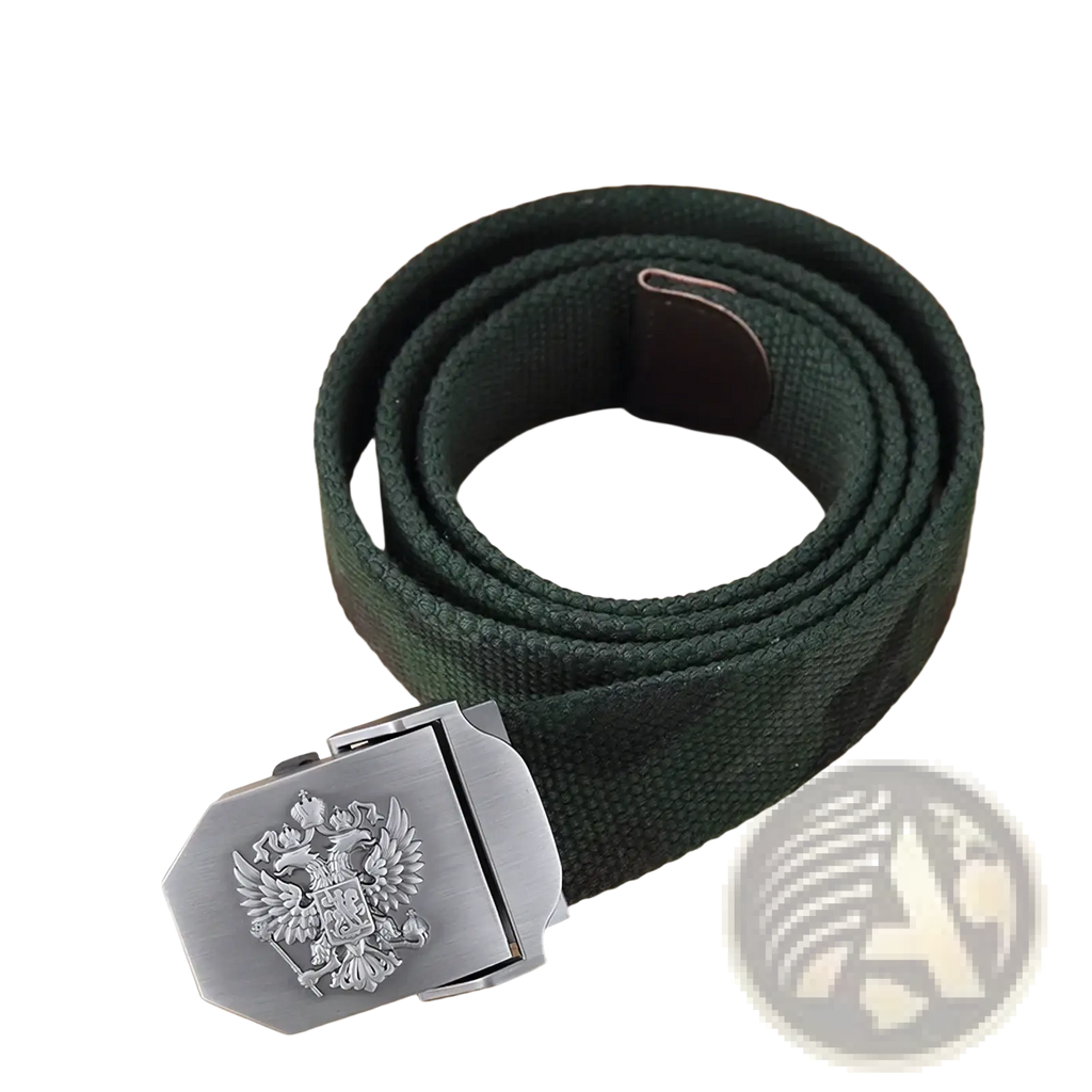 Dark green canvas tactical belt for men with silver-toned rectangular buckle embossed with russian eagle emblem