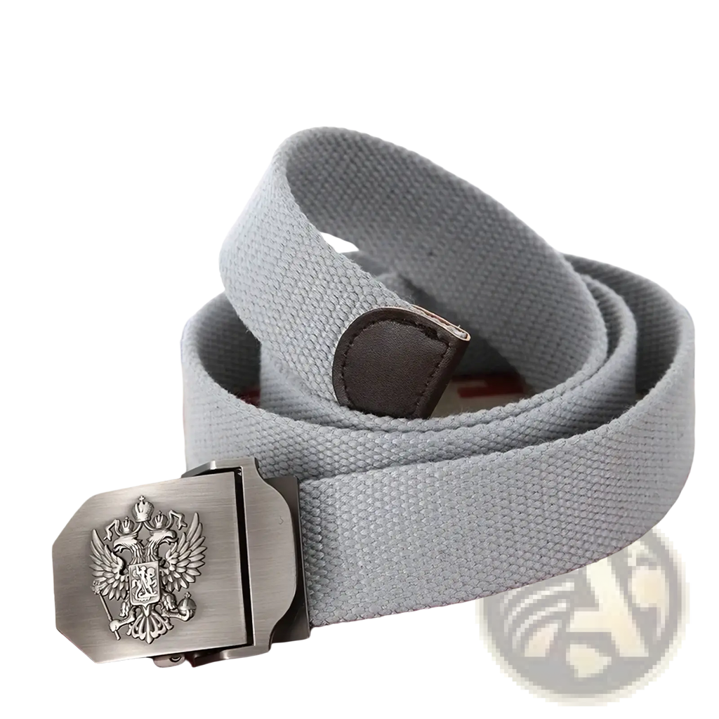 Gray canvas tactical belt for men with silver-toned buckle embossed with a double-headed russian eagle design