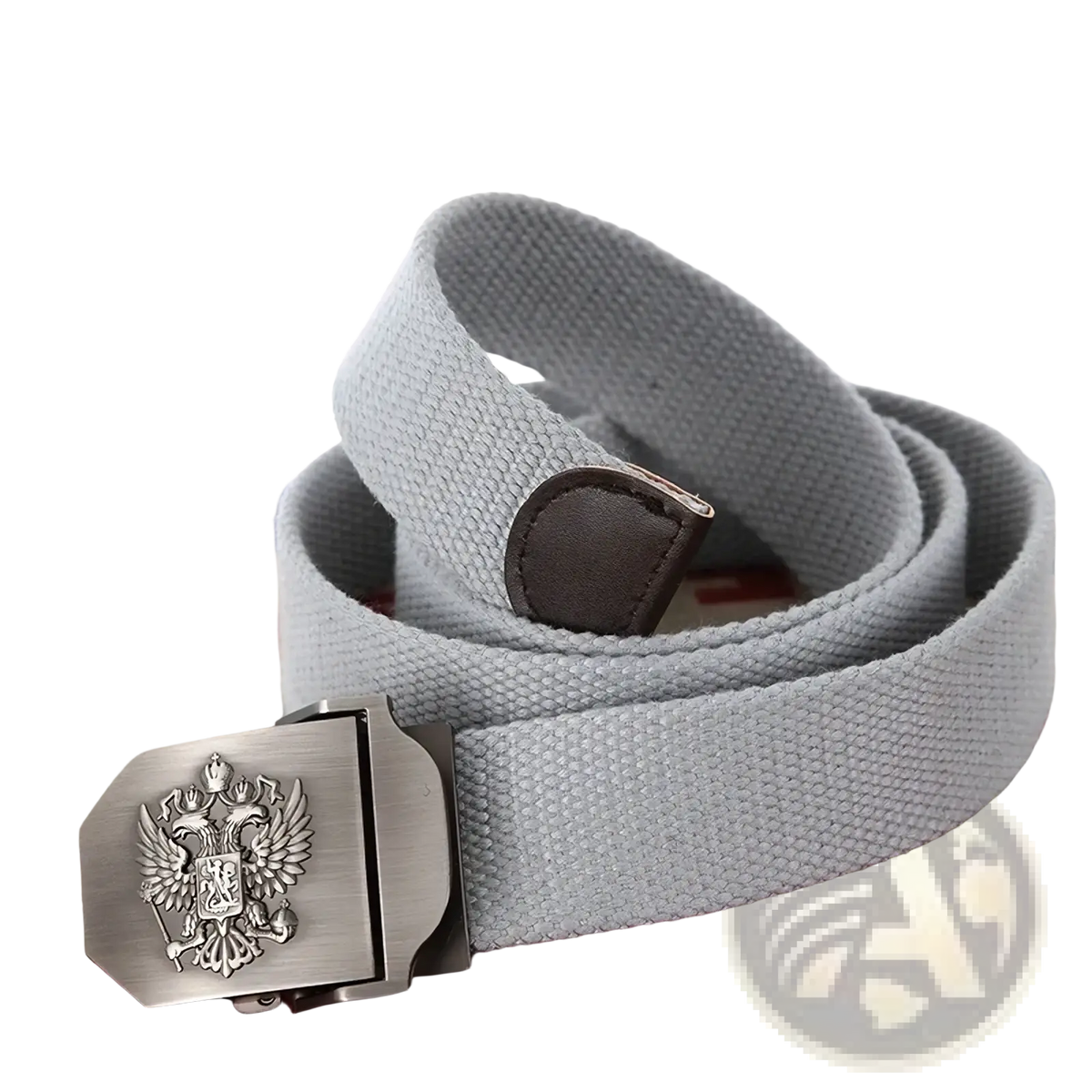 Gray canvas tactical belt for men with silver-toned buckle embossed with a double-headed russian eagle design