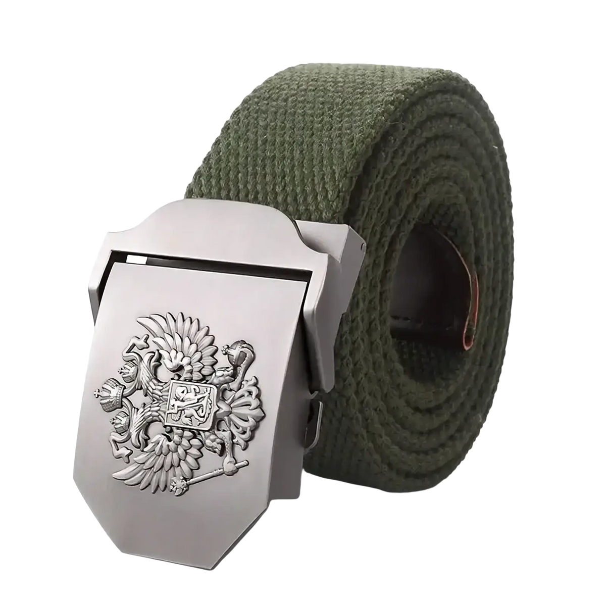 Olive green canvas tactical belt with silver-toned automatic buckle embossed with russian eagle emblem