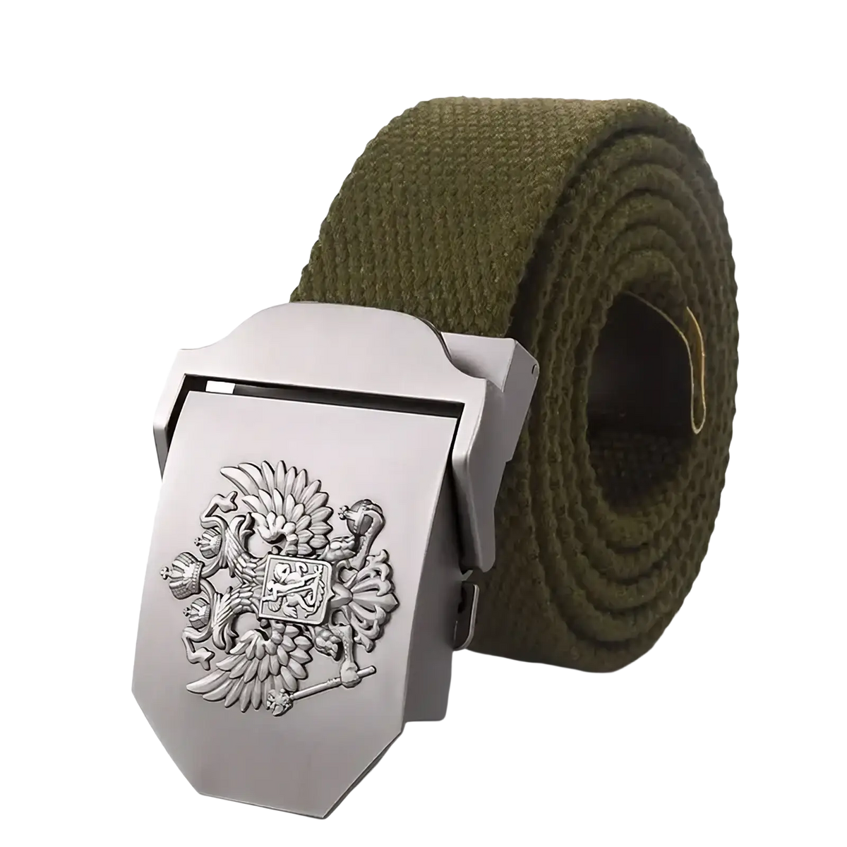 Olive green canvas Russian eagle tactical belt for men with silver-toned buckle embossed with double-headed eagle emblem