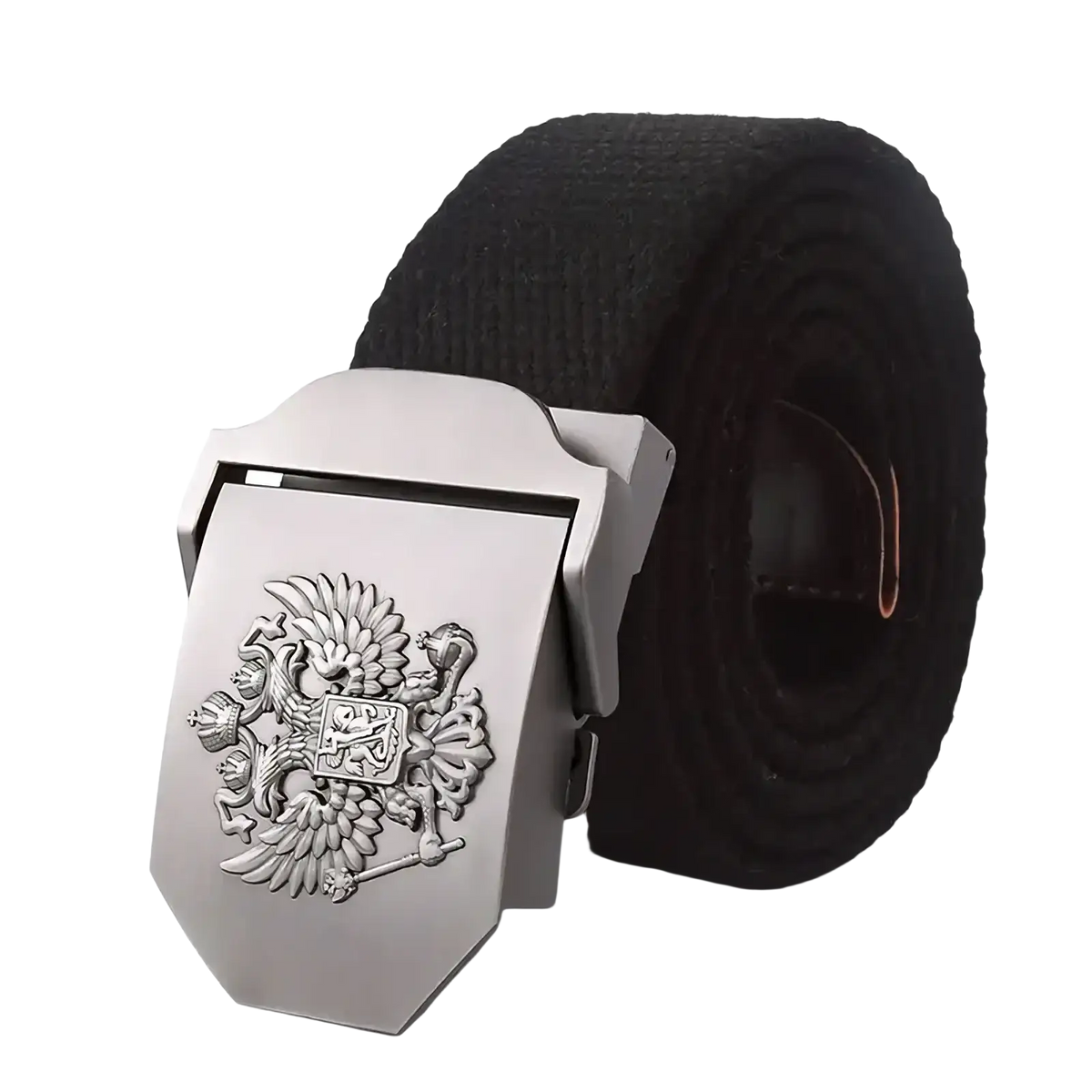 Silver belt buckle with engraved double-headed eagle on black woven strap in a russian eagle canvas tactical belt