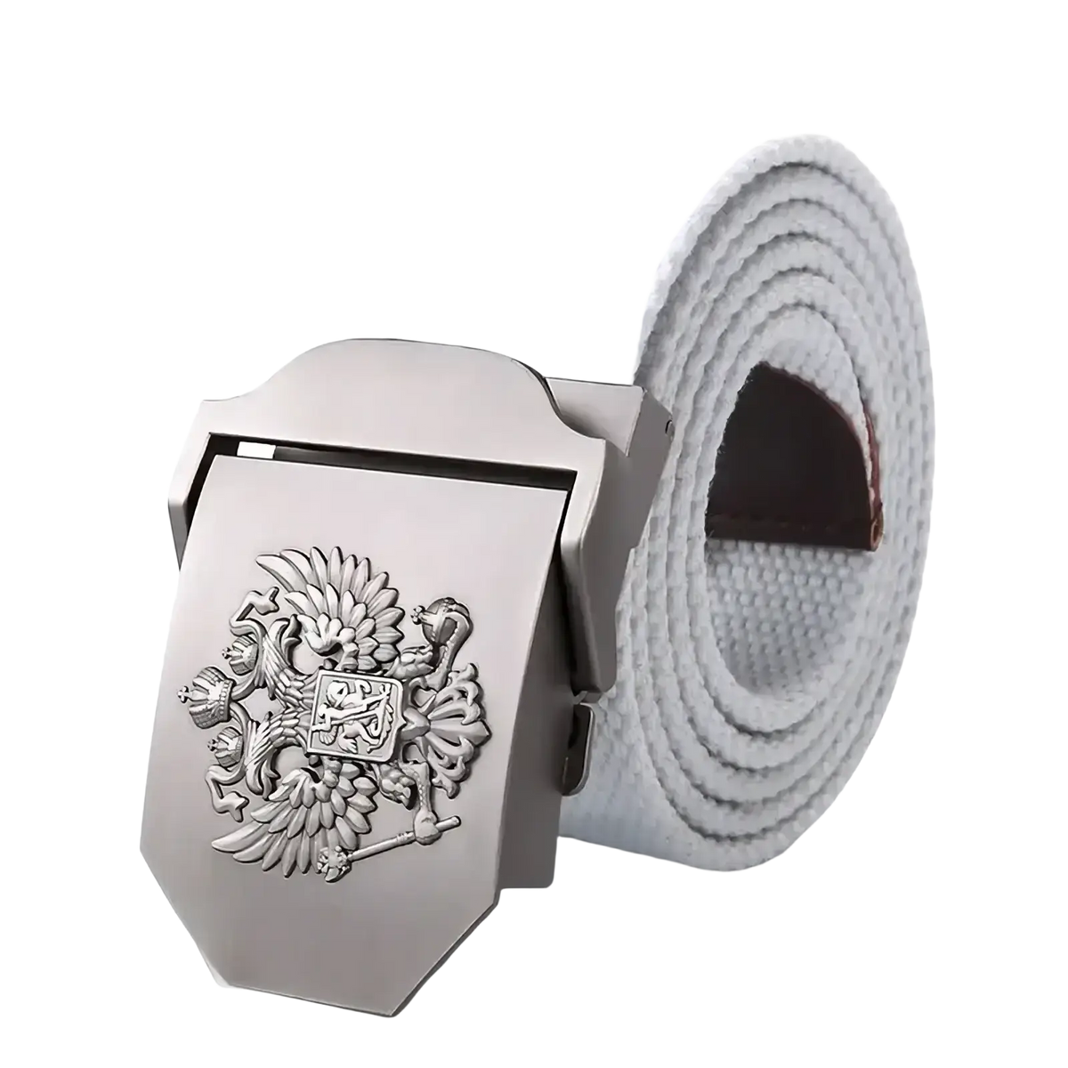 Silver belt buckle with engraved double-headed eagle on a white canvas tactical belt for men military use