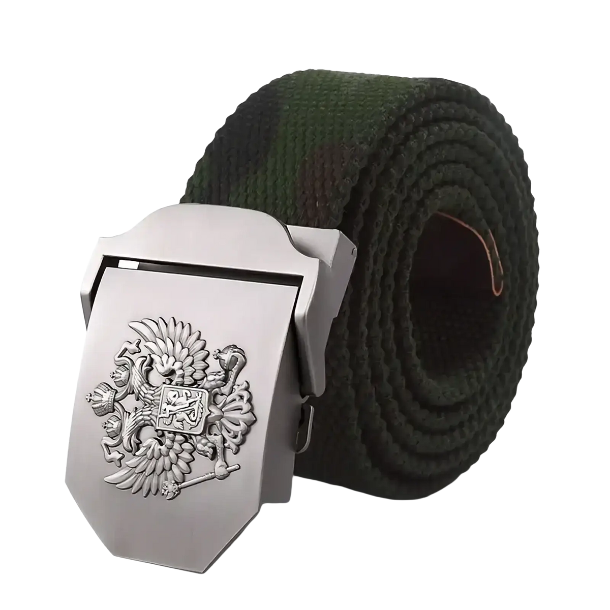Silver-toned belt buckle with embossed double-headed eagle on dark green camouflage canvas tactical belt for men military use