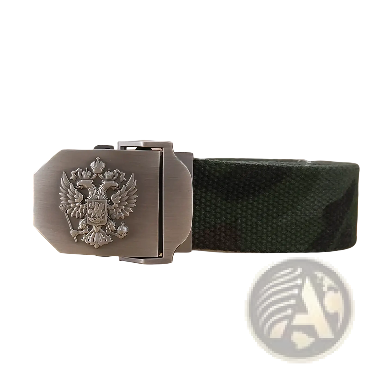 Silver-toned belt buckle with embossed double-headed eagle on dark green camouflage canvas tactical belt for men military use