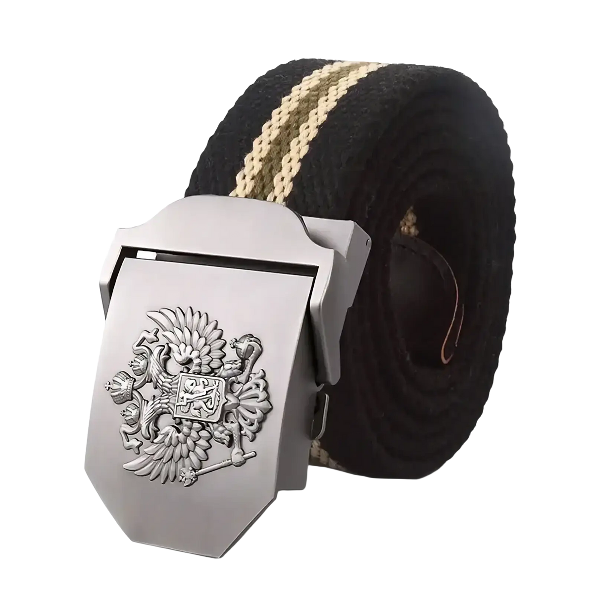 Silver-toned belt buckle with embossed double-headed eagle on black and beige canvas tactical belt for men military use