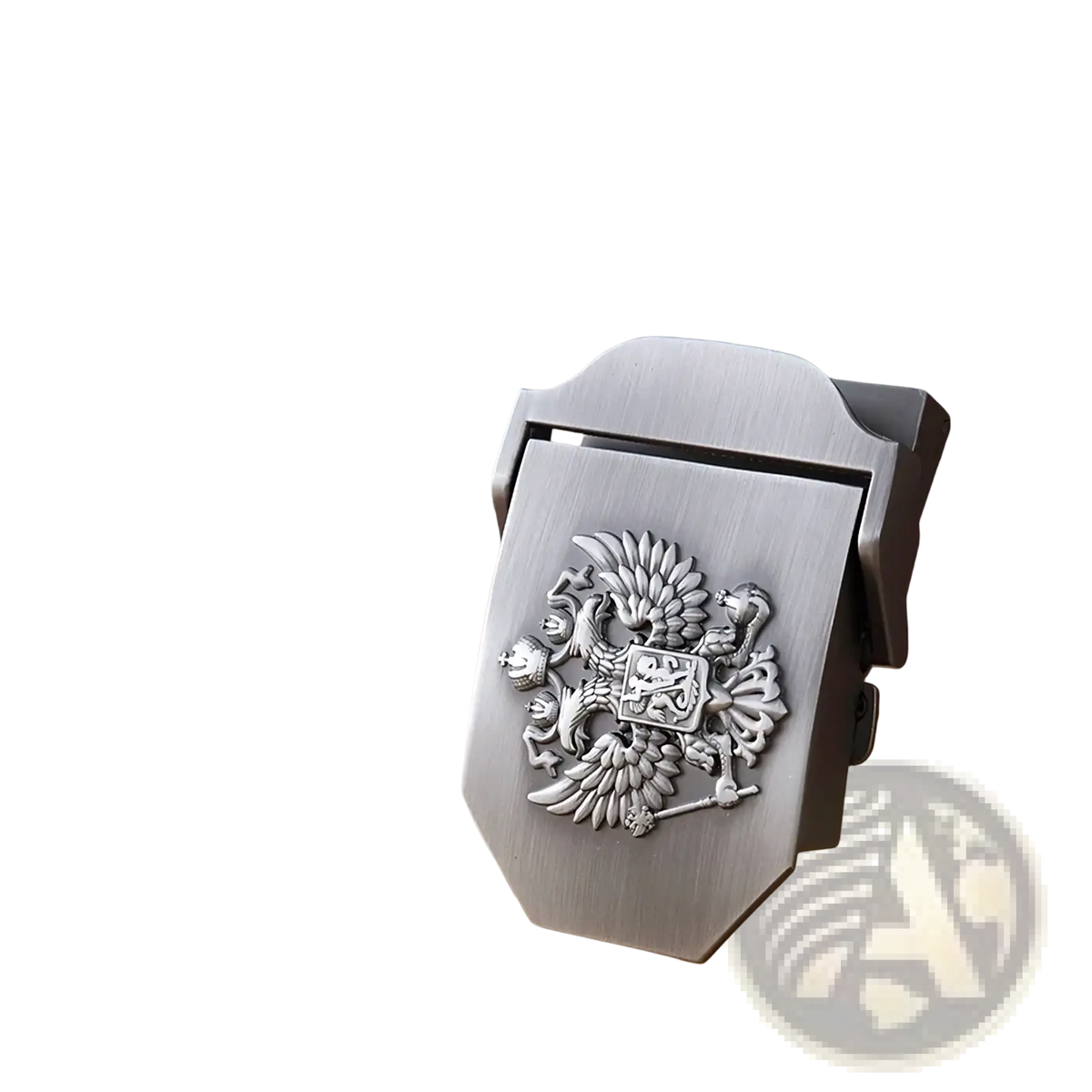 Silver-toned metal buckle with embossed double-headed eagle on camouflage canvas tactical belt with dark brown leather end