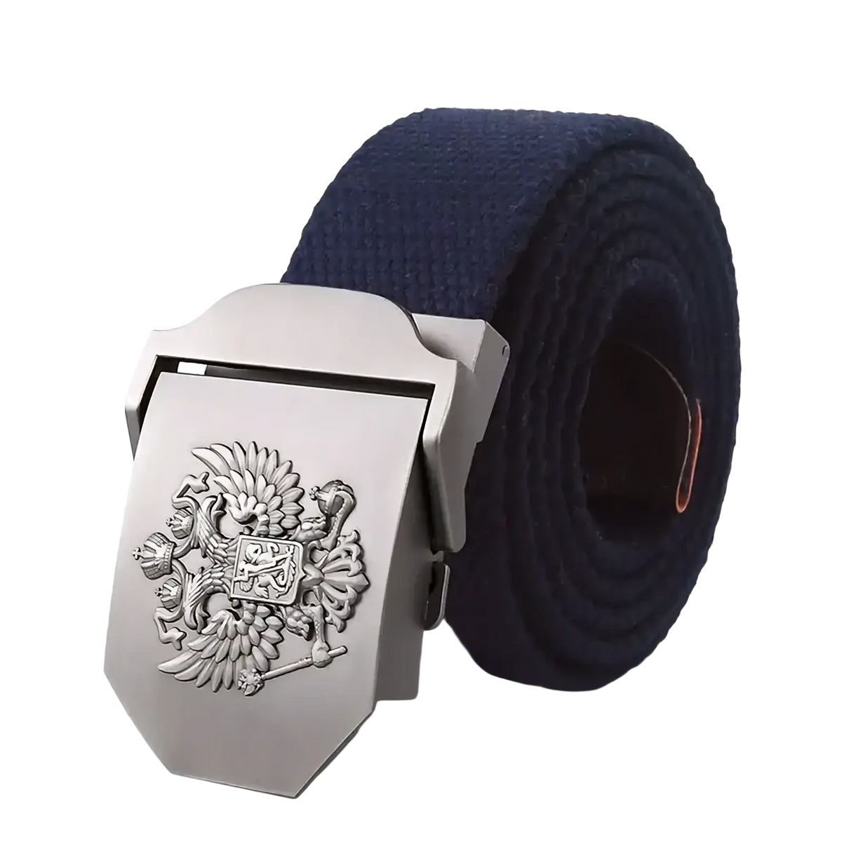 Silver-toned belt buckle with engraved heraldic design on navy blue canvas tactical belt for men military use