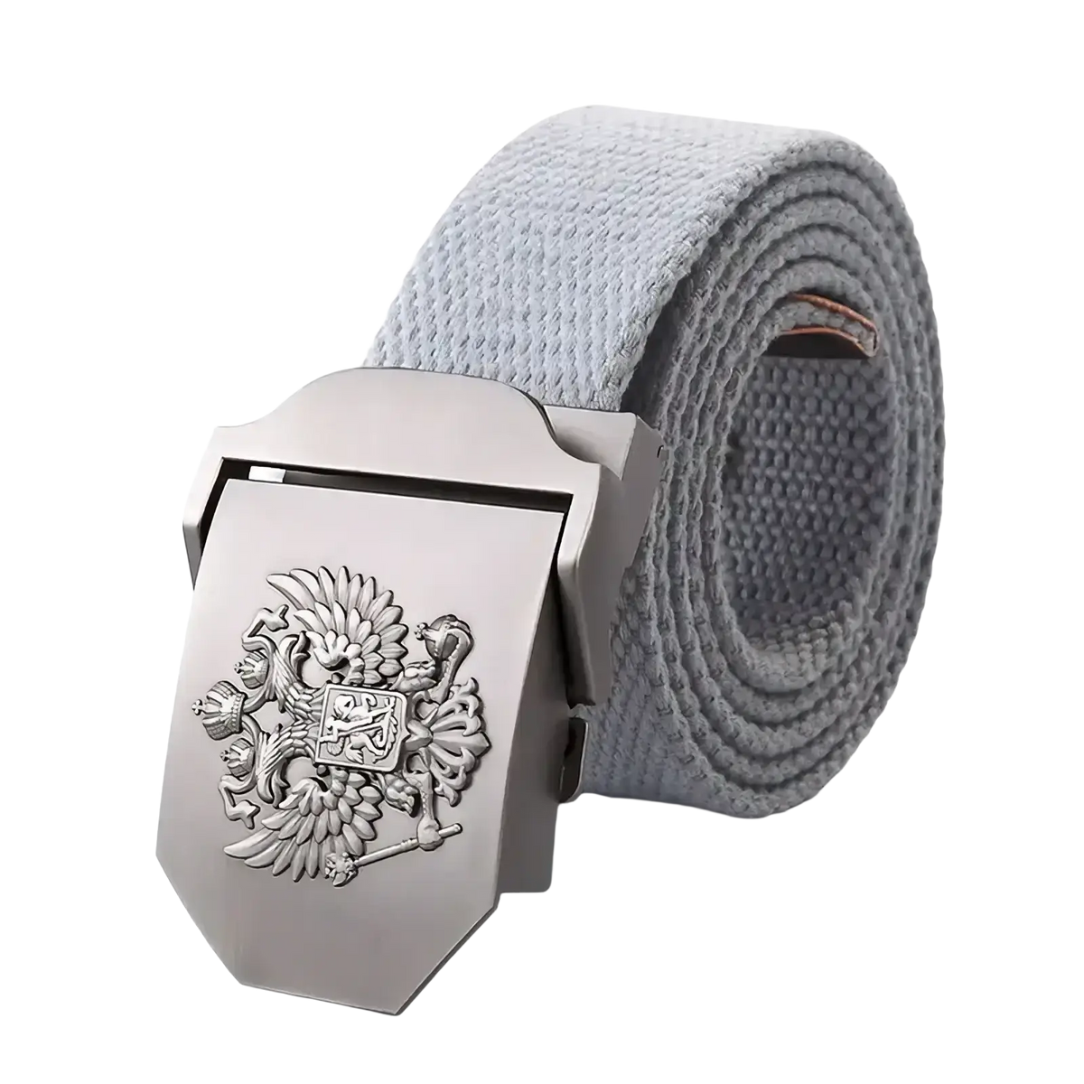 Silver-toned buckle with embossed eagle on light gray woven fabric russian eagle canvas tactical belt for men military use