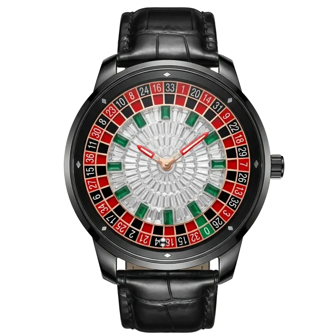 Russian roulette diamond dial men’s watch with black leather strap and silver dial featuring red and green numbered sections