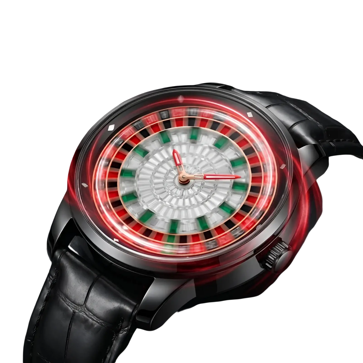 Black leather strap Russian roulette diamond dial men’s watch with red and green roulette-themed dial in black metal frame