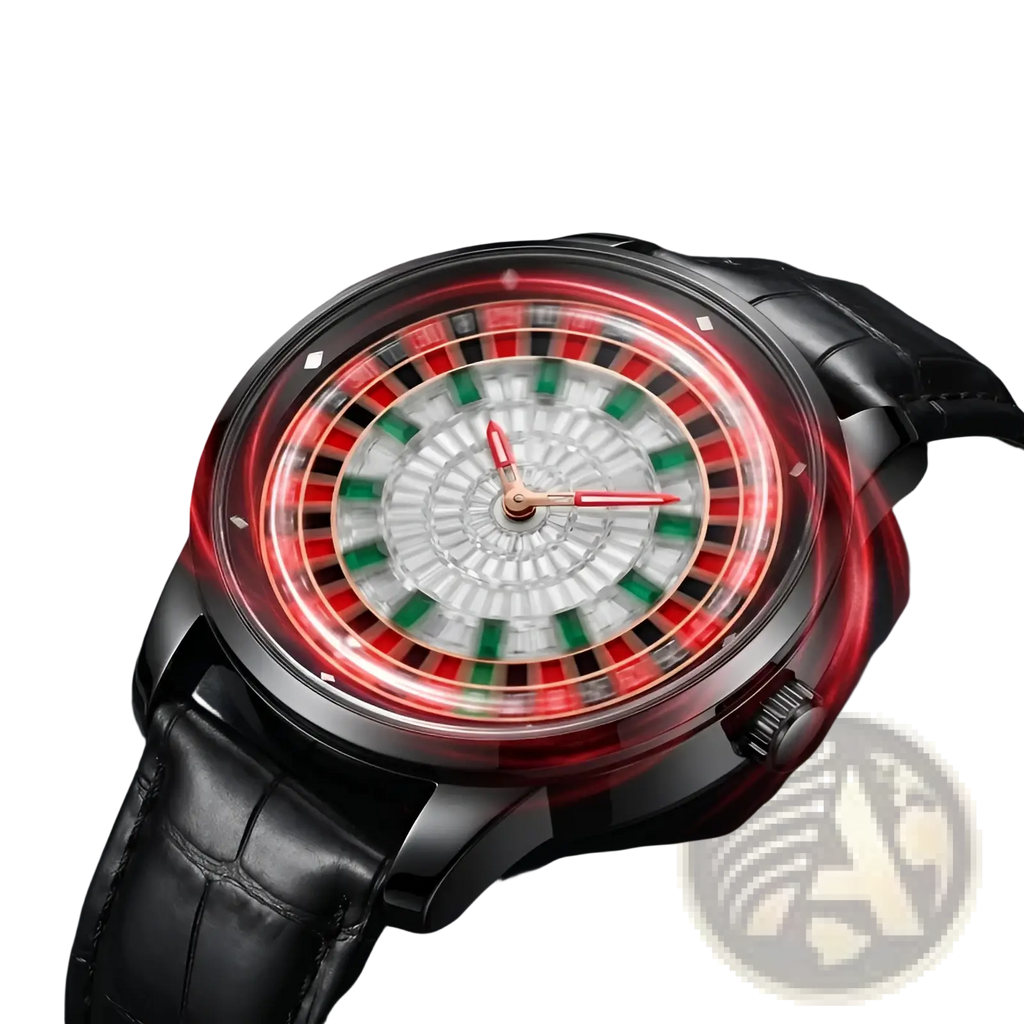Black leather strap Russian roulette diamond dial men’s watch with red and green roulette-themed dial in black metal frame