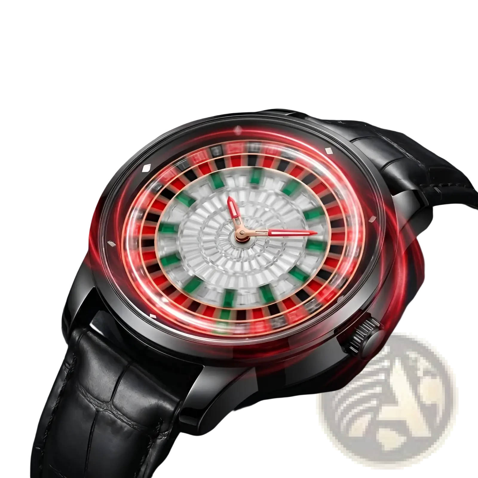 Black leather strap Russian roulette diamond dial men’s watch with red and green roulette-themed dial in black metal frame