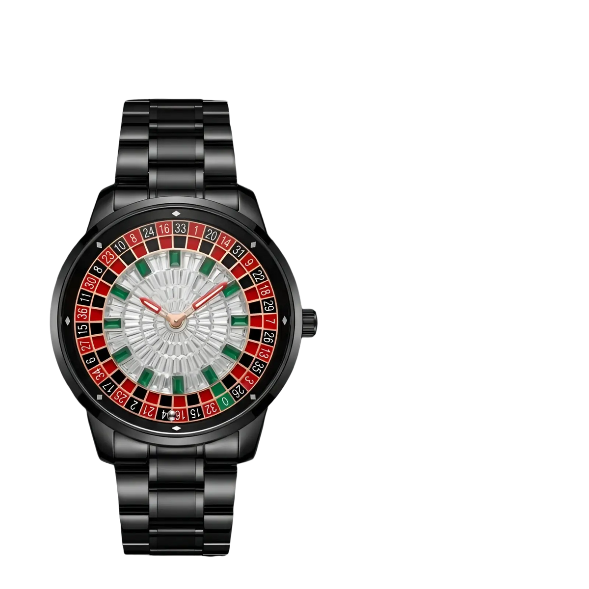 Black metal russian roulette diamond dial men’s watch with roulette-style dial featuring red and green sections