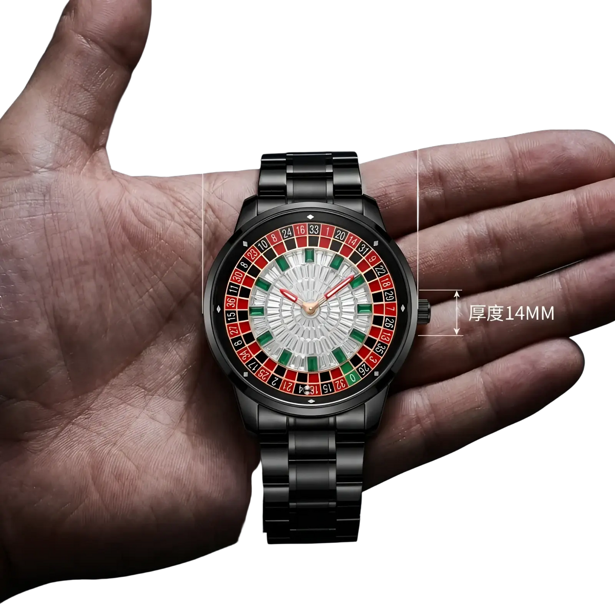 Black metal russian roulette diamond dial men’s watch with roulette-style dial featuring red and green numbers