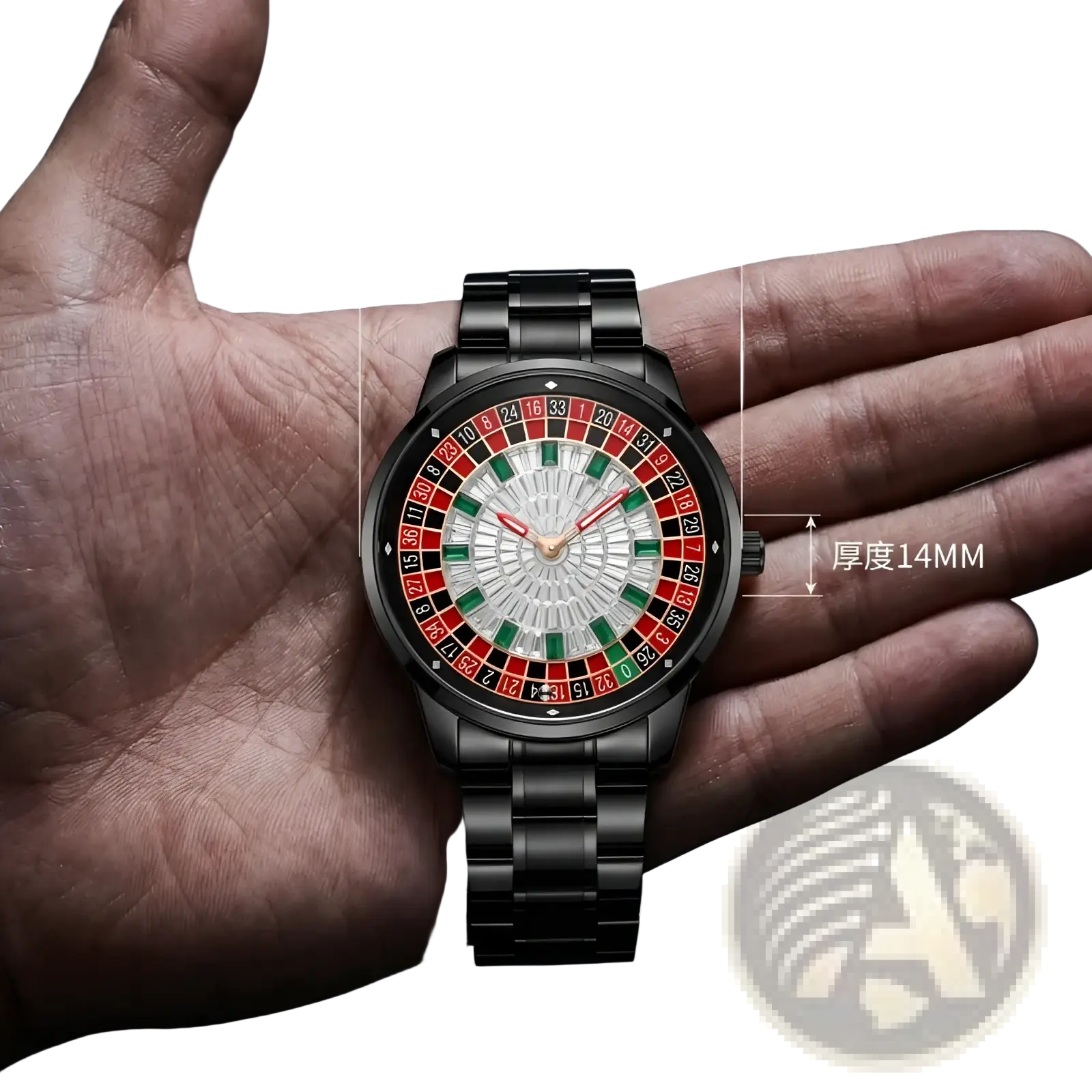 Black metal russian roulette diamond dial men’s watch with roulette-style dial featuring red and green numbers