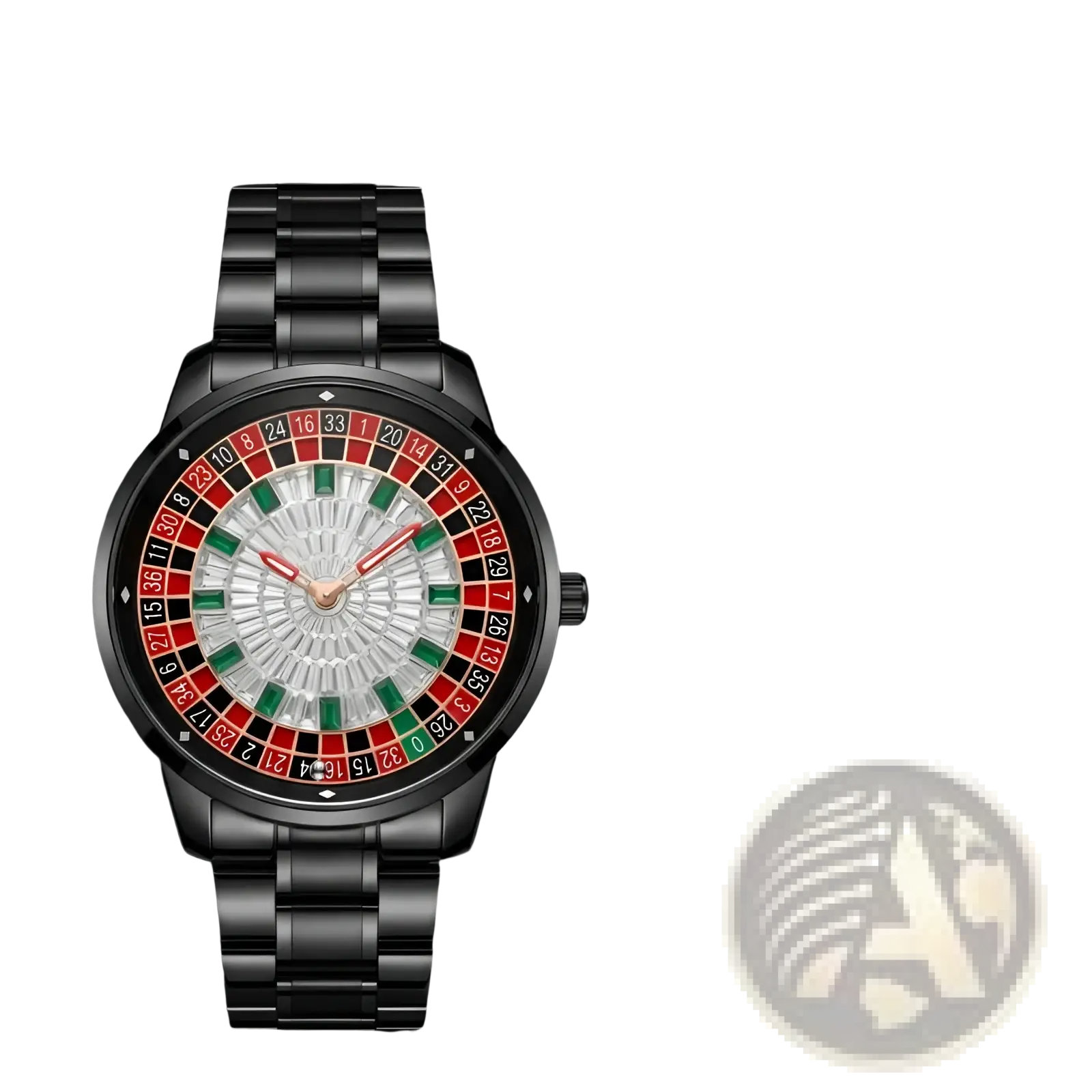 Black metal russian roulette diamond dial men’s watch with roulette-style dial featuring red and green sections