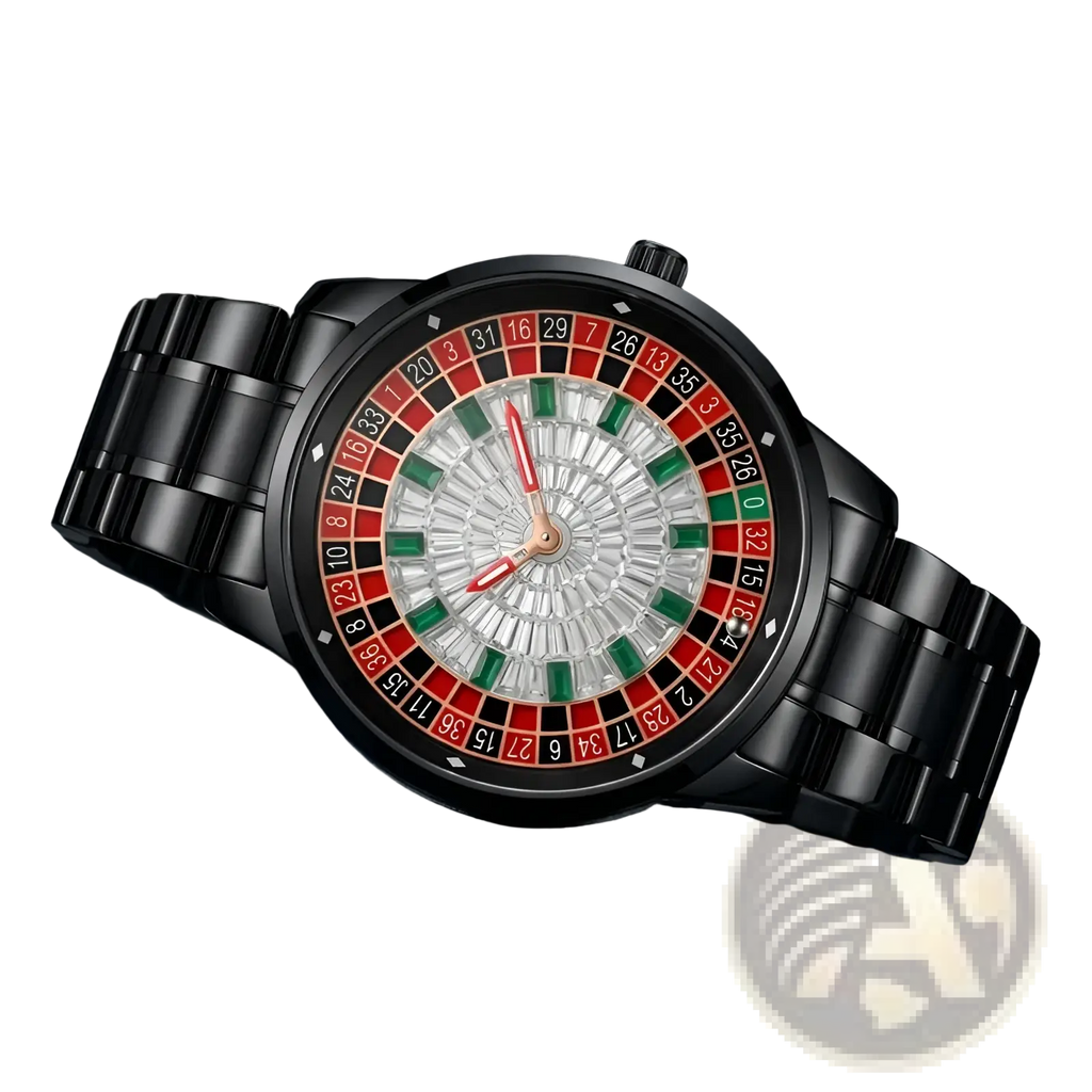 Black metal Russian Roulette Diamond Dial men’s watch with roulette-style red and green dial and crystal embellishments