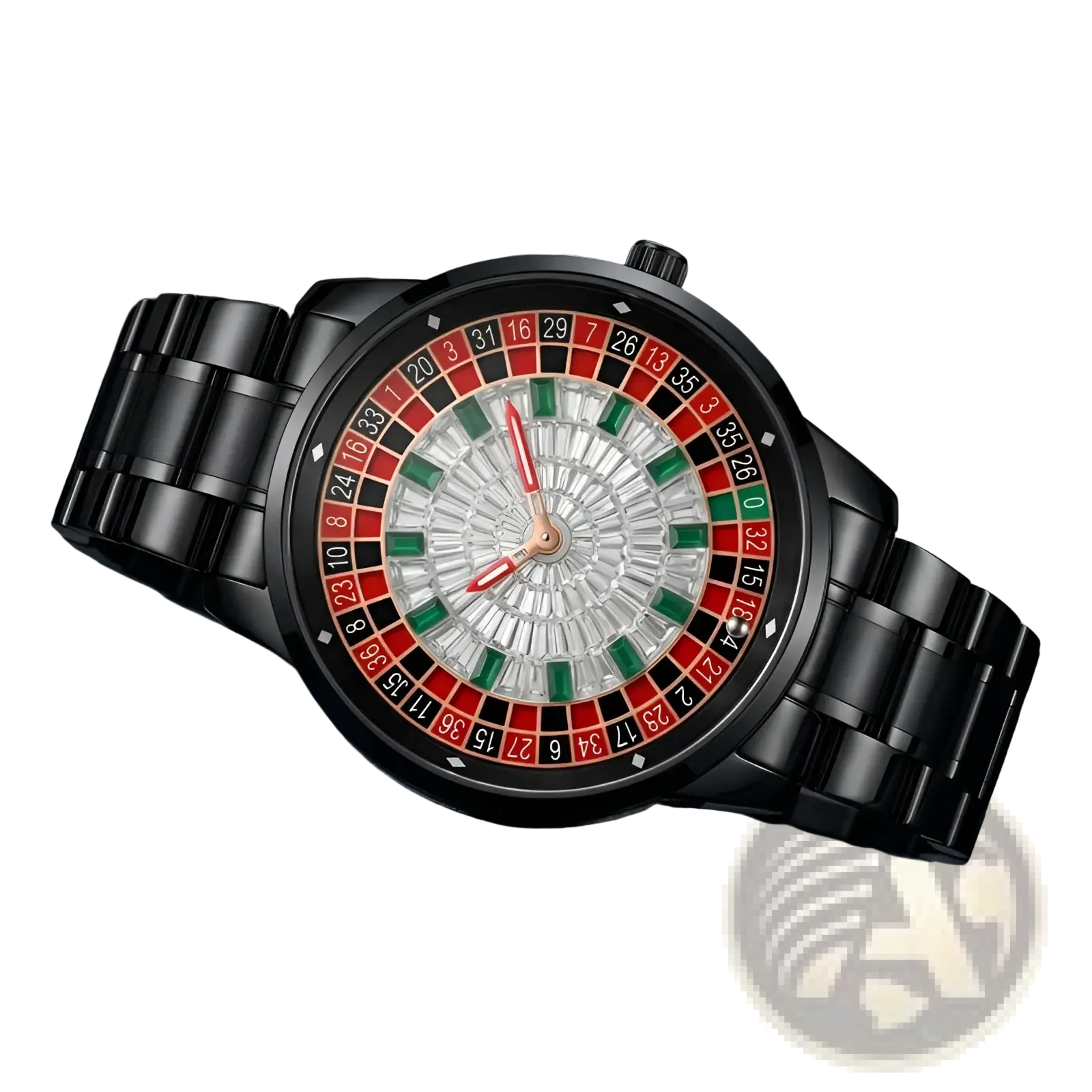 Black metal Russian Roulette Diamond Dial men’s watch with roulette-style red and green dial and crystal embellishments