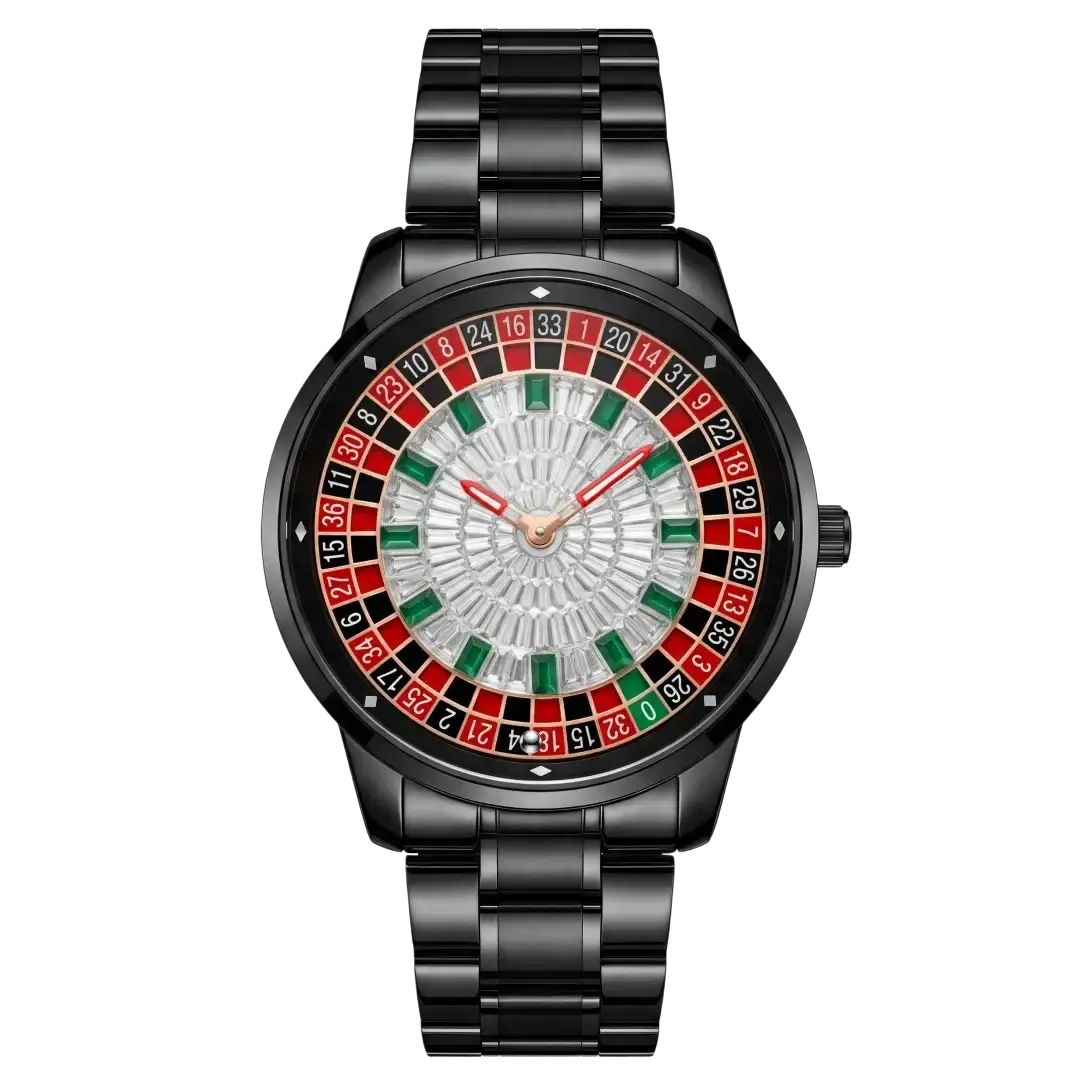 Black stainless steel Russian Roulette diamond dial men’s watch with red green and black numbered roulette-themed dial