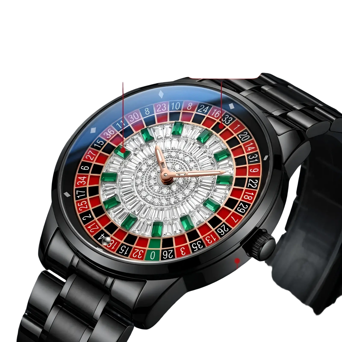 Russian roulette diamond dial men’s watch in black stainless steel with a diamond-studded dial and red green betting ring