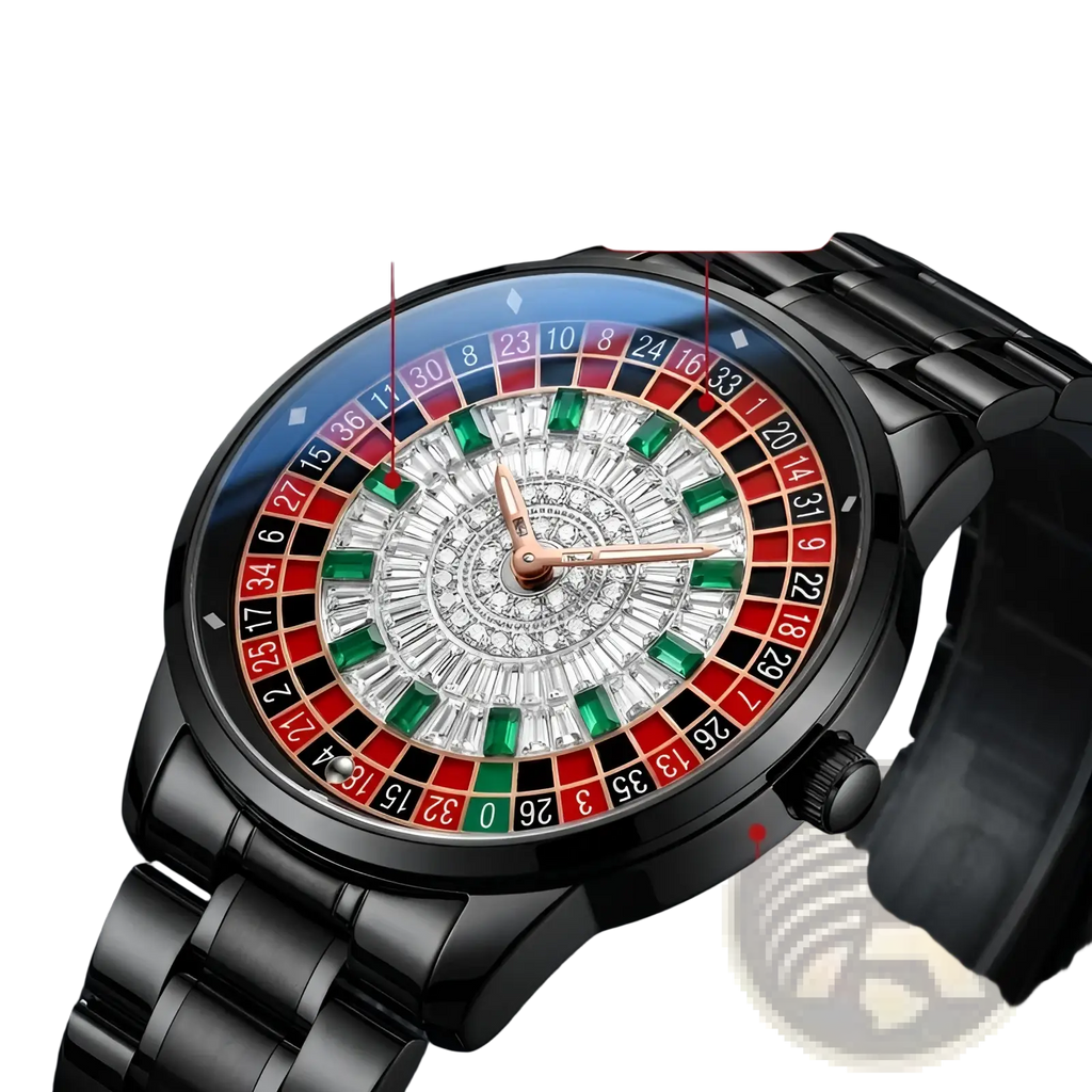 Russian roulette diamond dial men’s watch in black stainless steel with a diamond-studded dial and red green betting ring