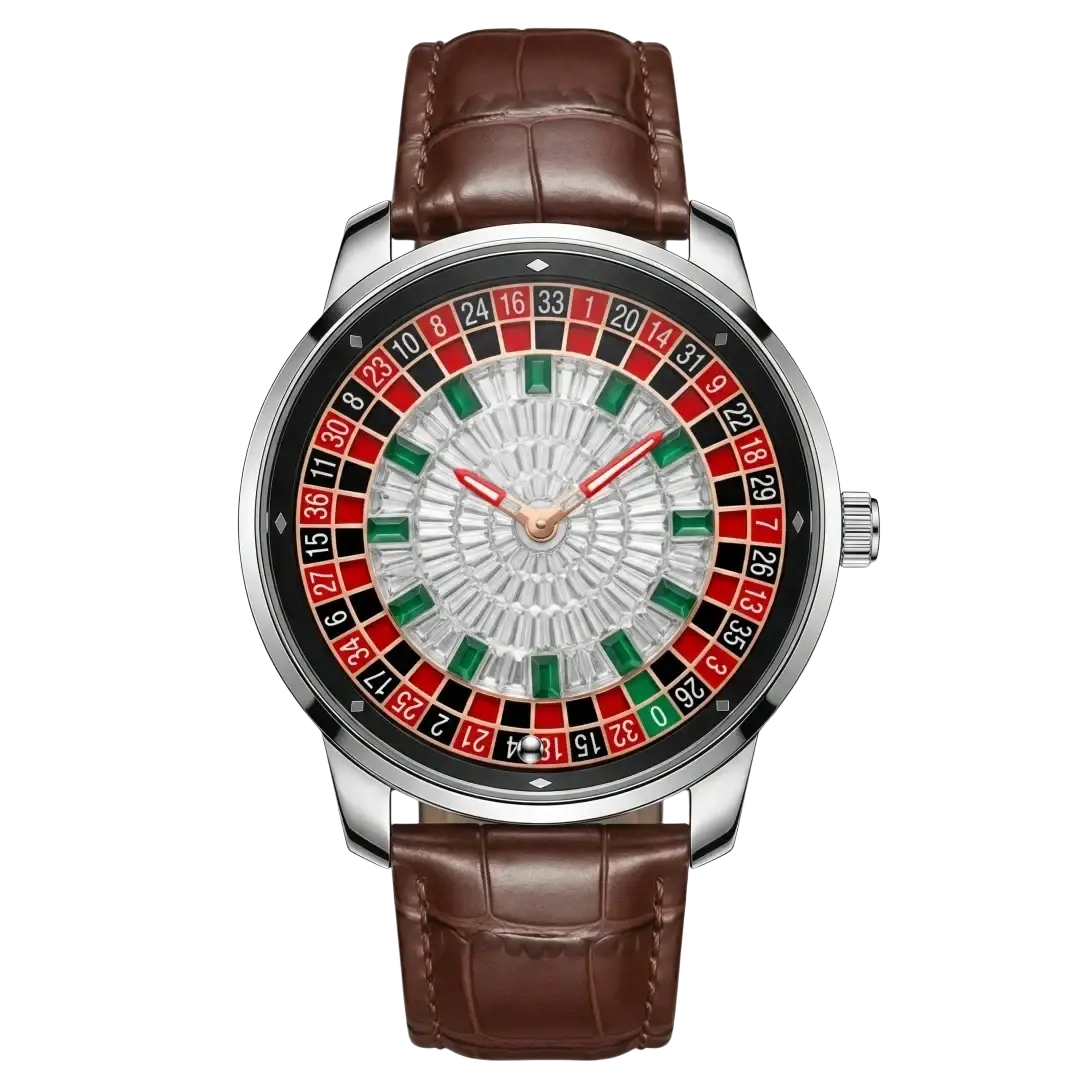 Russian roulette diamond dial men’s watch with brown leather strap and silver-toned roulette-themed dial