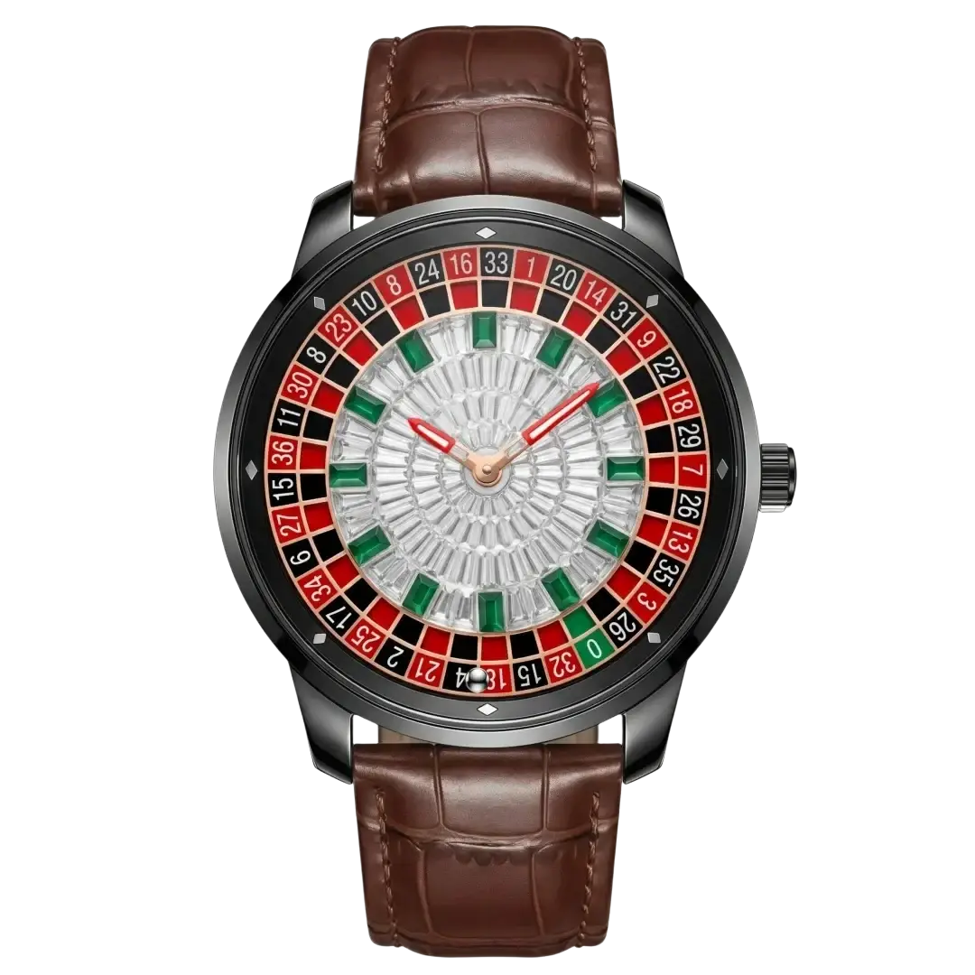 Russian roulette diamond dial men’s watch with a brown leather strap, black case, and red green black numbered dial