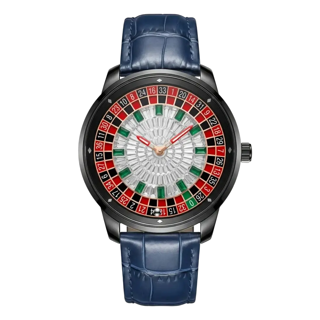 Elegant black Russian Roulette diamond dial men’s watch with blue crocodile leather strap and multicolored numbered dial