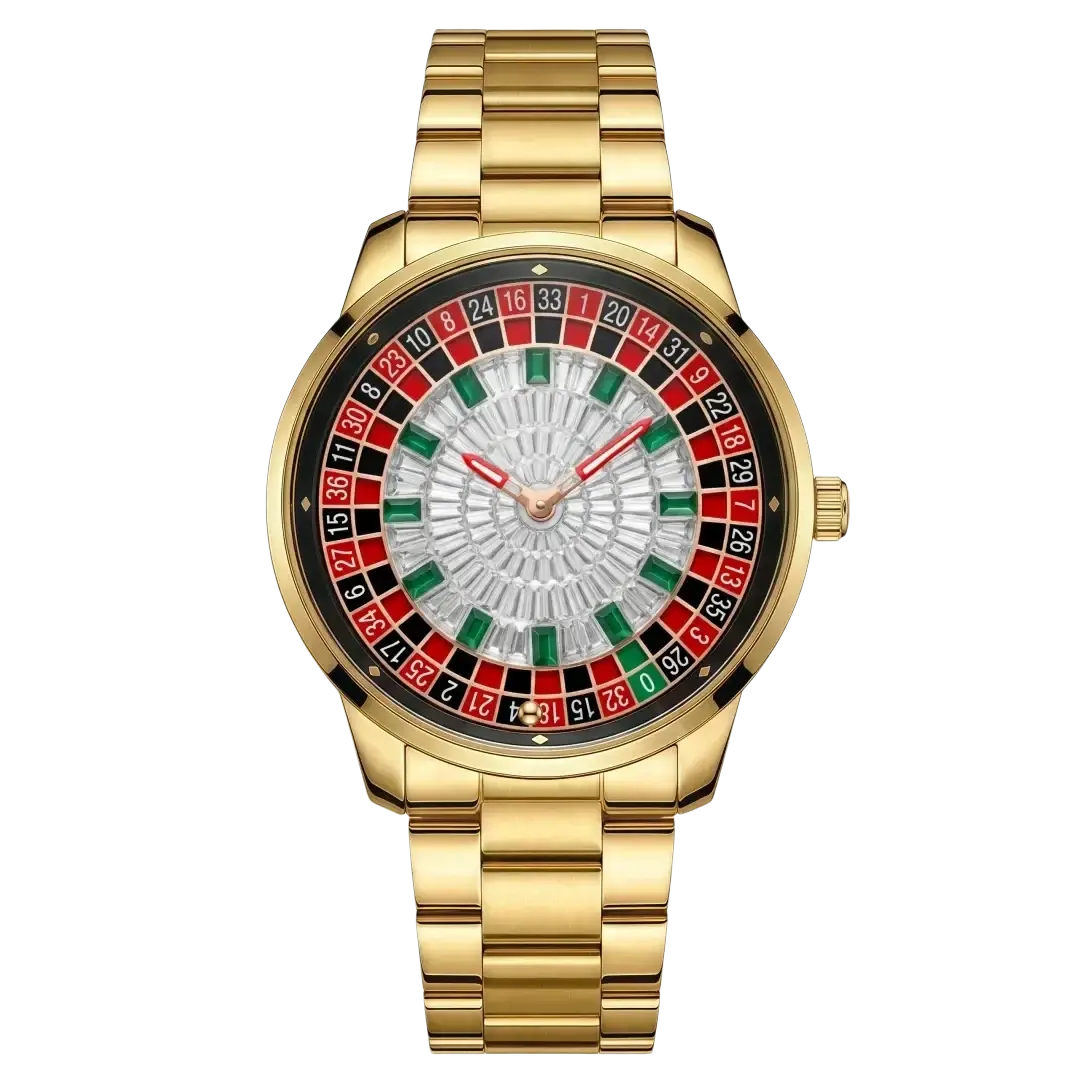 Gold-tone stainless steel Russian Roulette diamond dial men’s watch with circular dial featuring red, black, and green sections