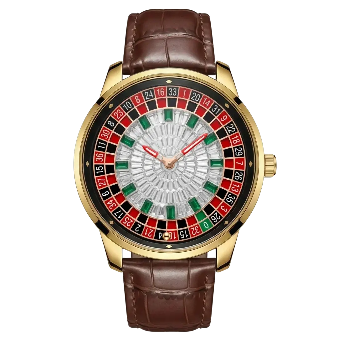 Russian Roulette diamond dial men’s watch featuring a gold-tone roulette-themed dial and brown leather strap