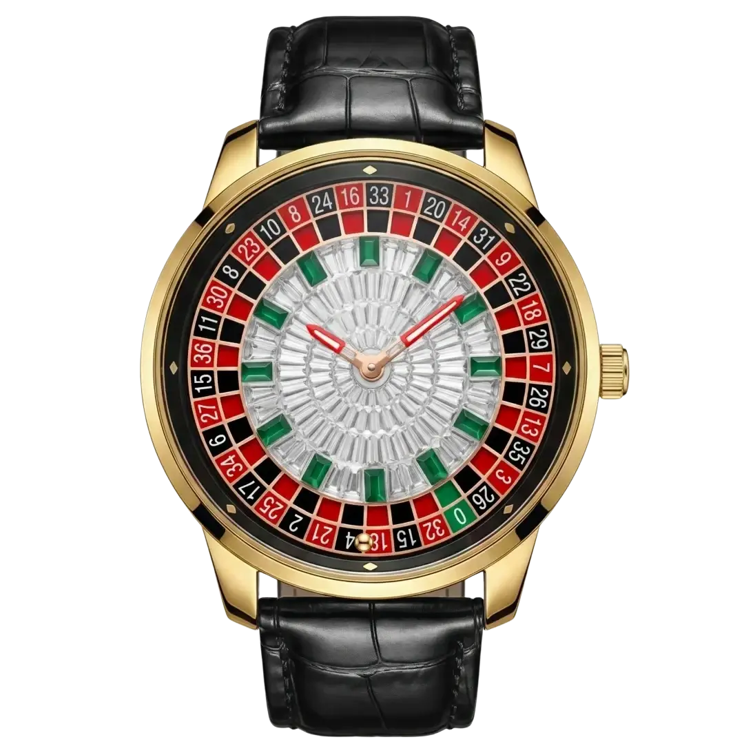 Gold-tone Russian Roulette Diamond Dial men’s watch with black crocodile leather strap and colorful roulette-themed dial
