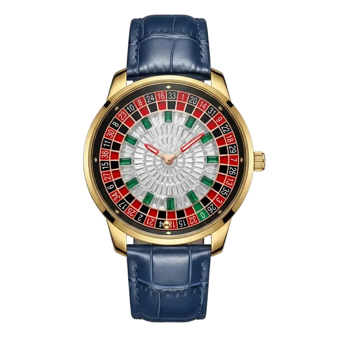 Luxury gold-tone Russian roulette diamond dial men’s watch with blue crocodile leather strap and colorful numbered dial