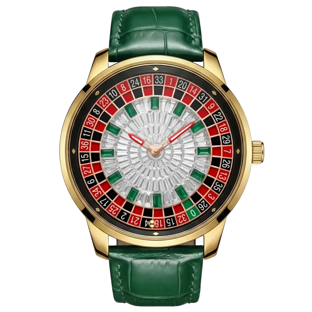 Luxury gold-tone Russian roulette diamond dial men’s watch with green alligator leather strap and intricate colored dial