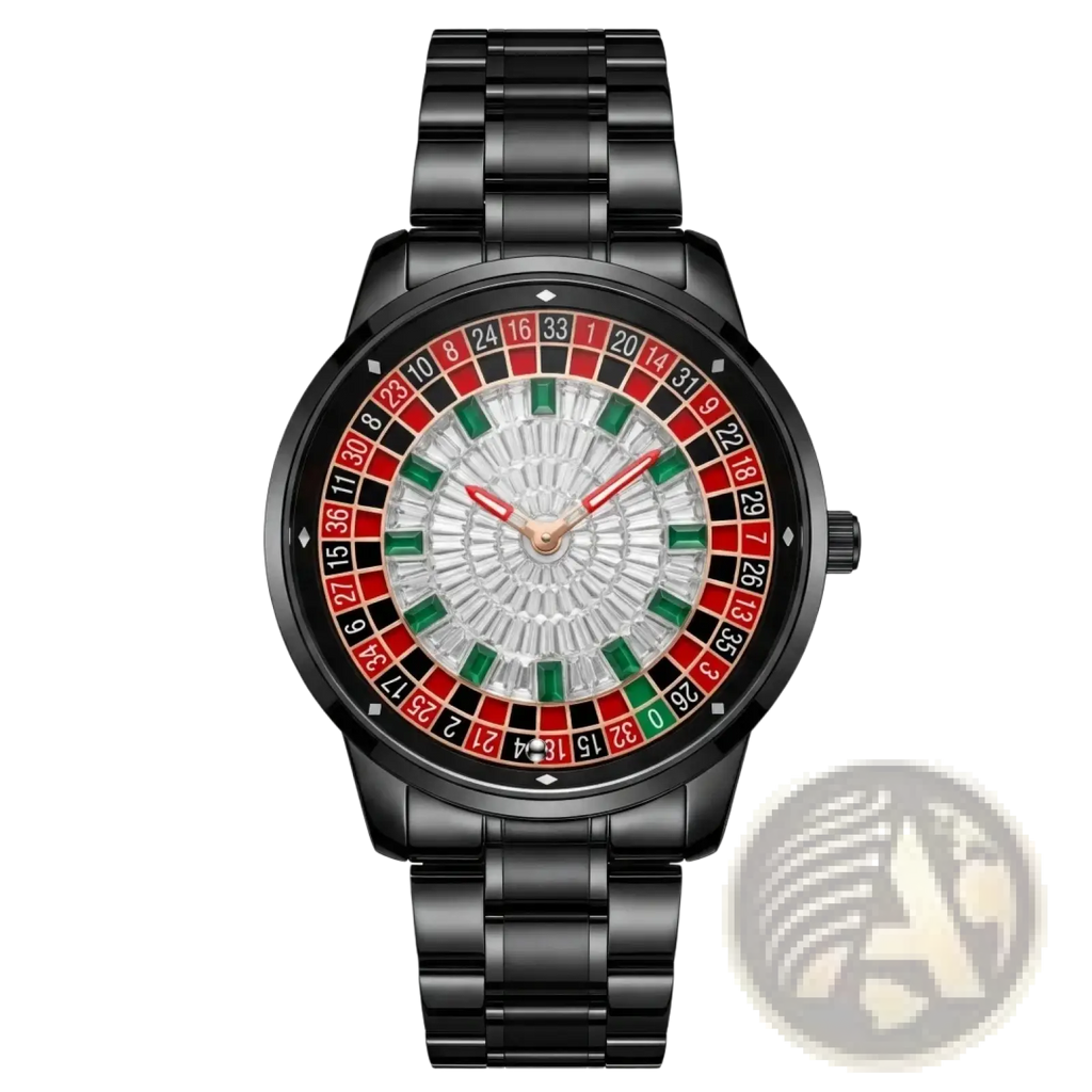 Black stainless steel Russian Roulette diamond dial men’s watch with red green and black numbered roulette-themed dial
