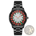 Black stainless steel Russian Roulette diamond dial men’s watch with red green and black numbered roulette-themed dial
