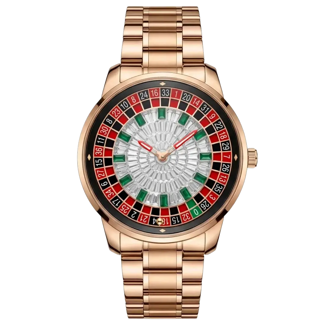 Russian roulette diamond dial men’s watch featuring a rose gold case and sparkling silver center with colored segments