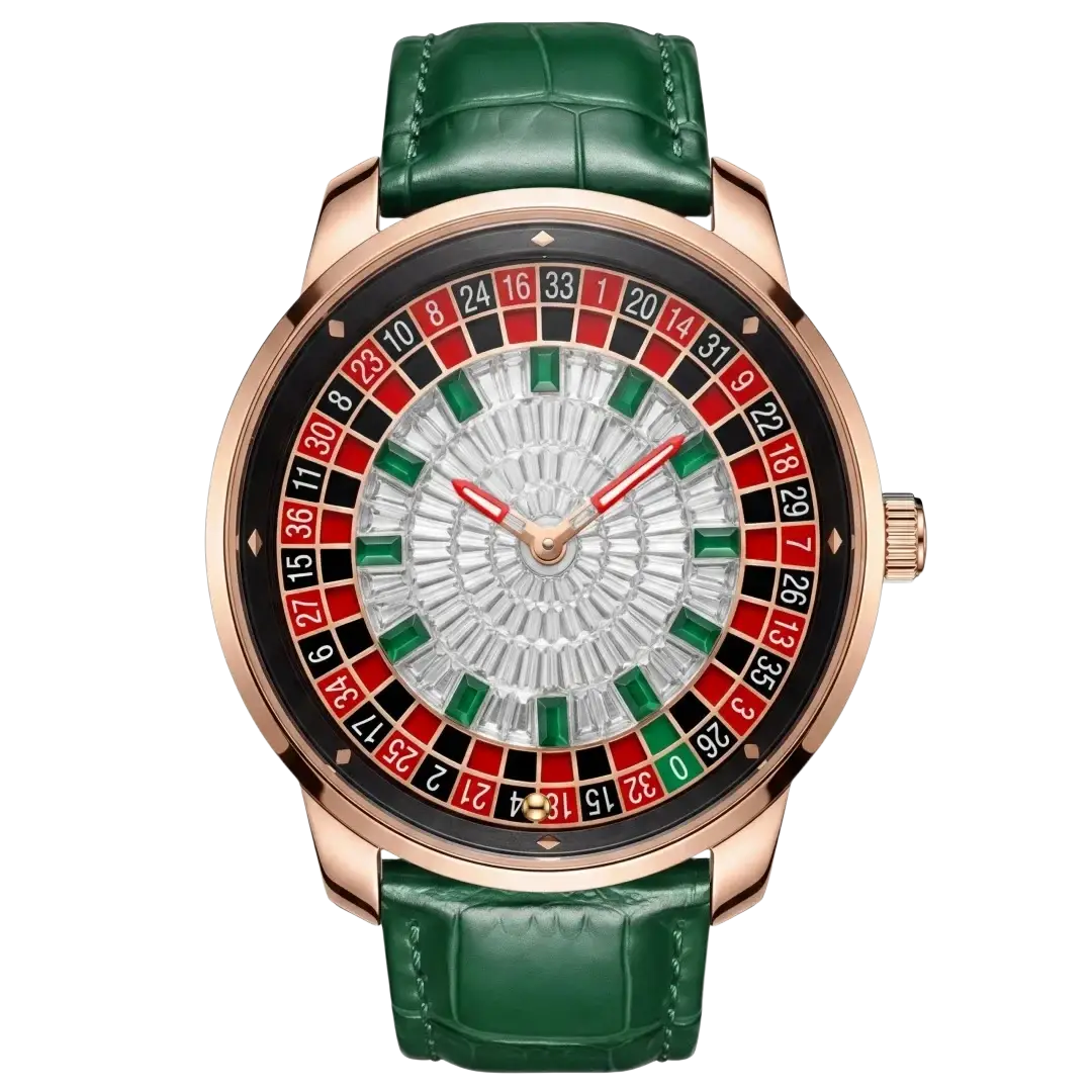 Rose gold Russian Roulette diamond dial men’s watch with green crocodile leather strap and colorful numbered dial