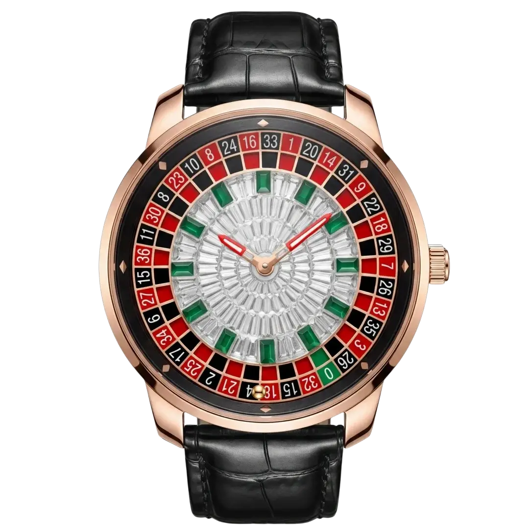 Rose gold Russian Roulette diamond dial men’s watch with black alligator leather strap and colorful numbered dial sections