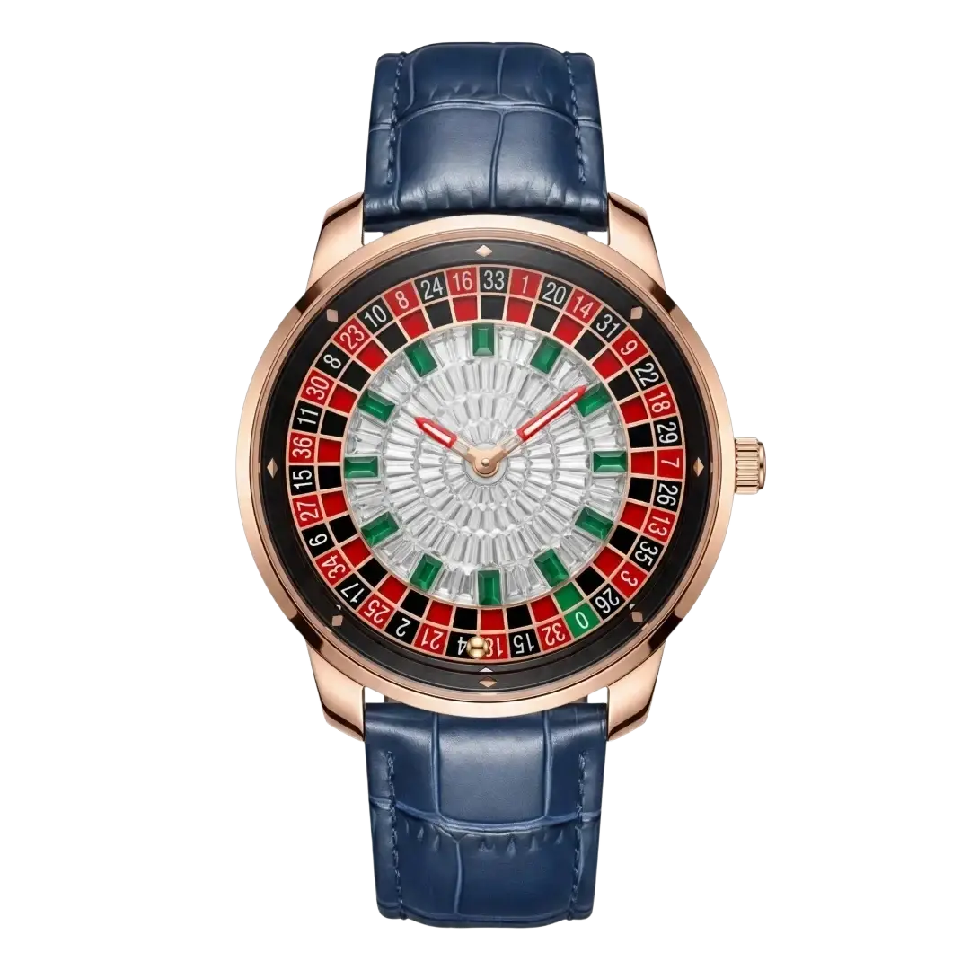 Russian roulette diamond dial men’s watch with rose gold case, navy blue crocodile leather strap, and colorful numbered dial
