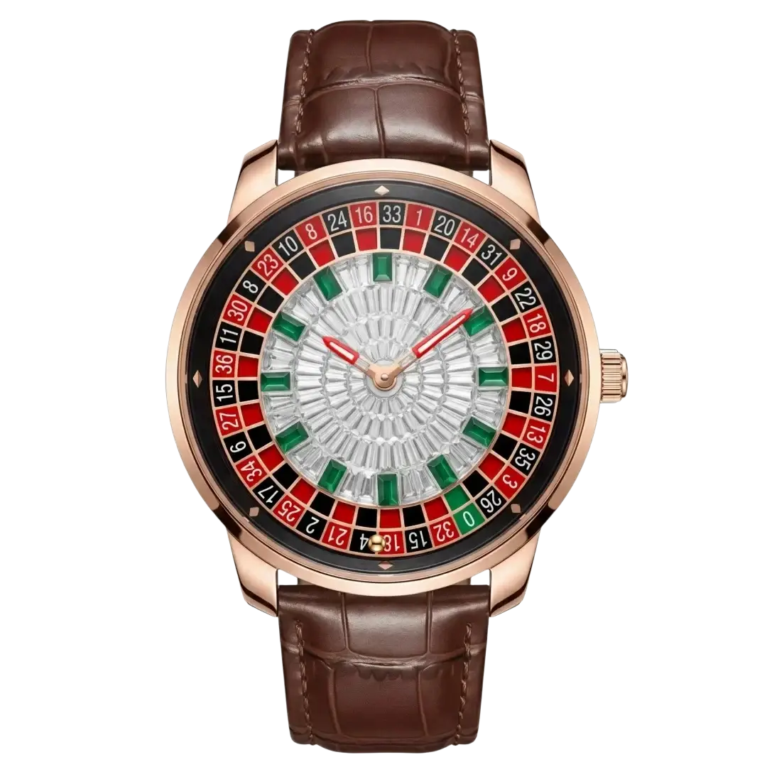 Russian roulette diamond dial men’s watch with rouge-toned roulette dial crystal-encrusted and brown leather strap