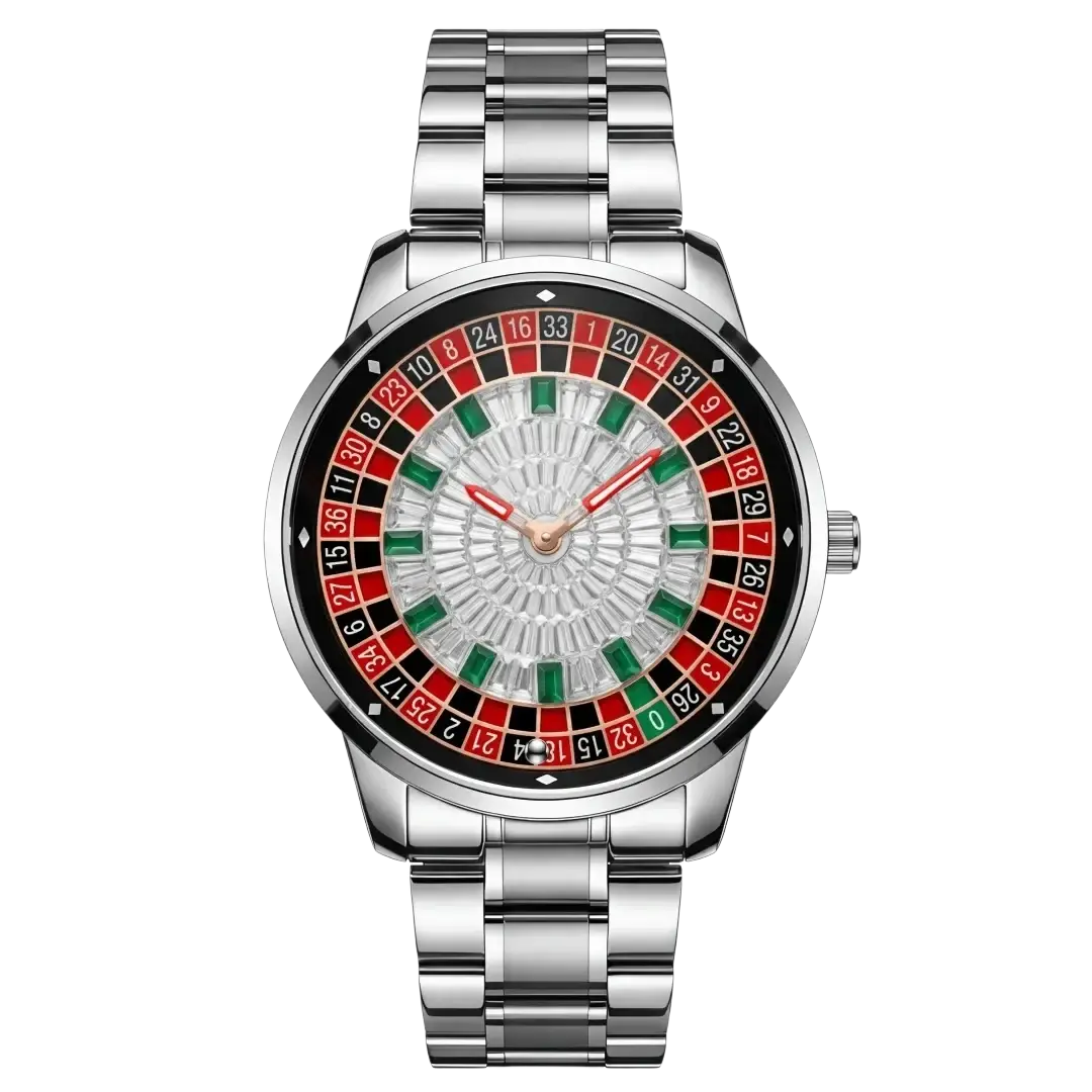 Silver-toned stainless steel Russian roulette diamond dial men’s watch with red black and green numbered roulette-themed dial