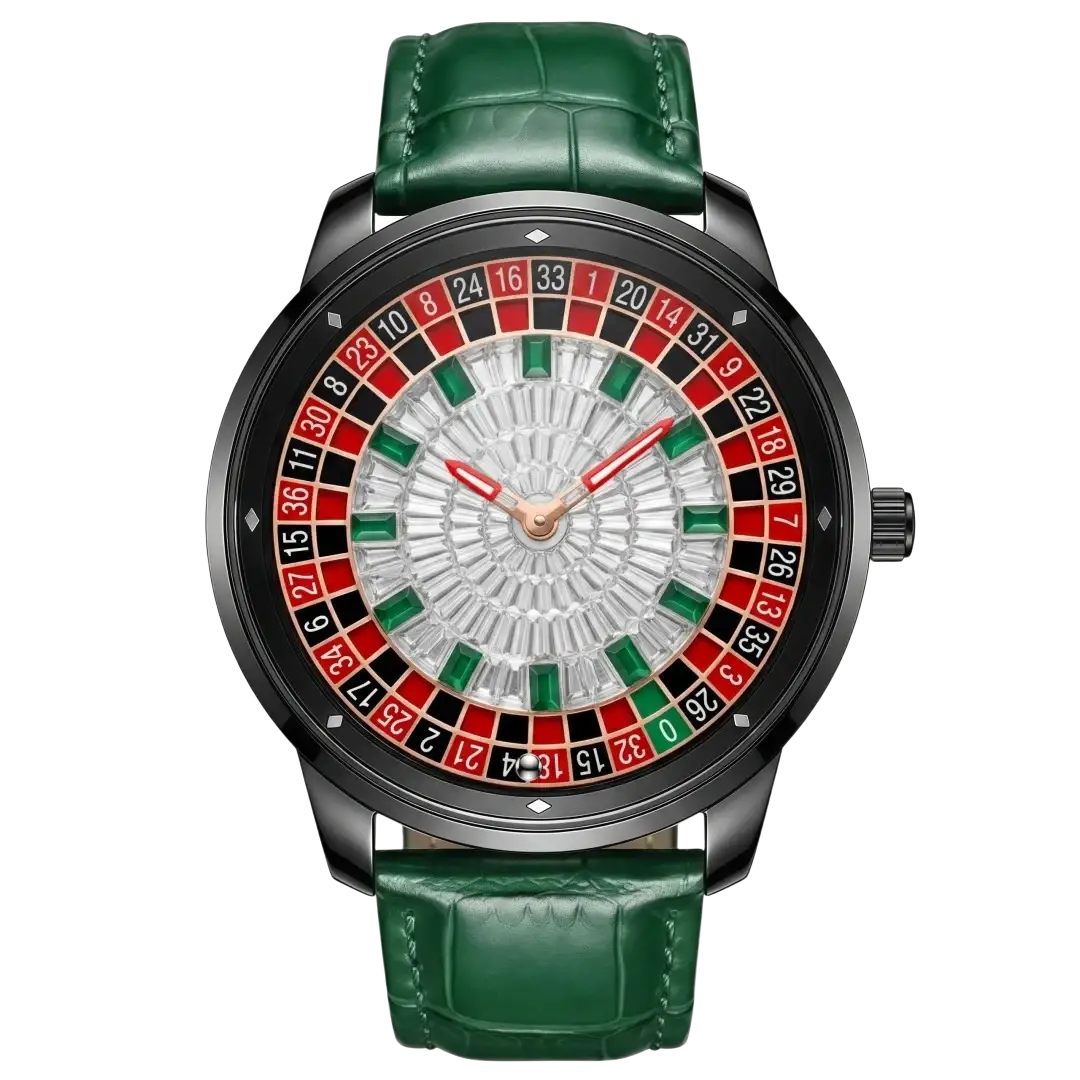 Russian roulette diamond dial men’s watch with a sleek black-rimmed roulette face and green alligator leather strap