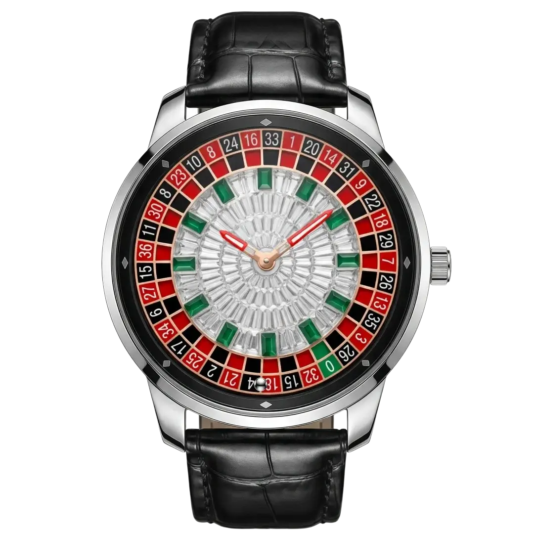 Russian Roulette Diamond Dial Men’s watch featuring a sleek silver case, roulette-themed face, and black crocodile leather strap