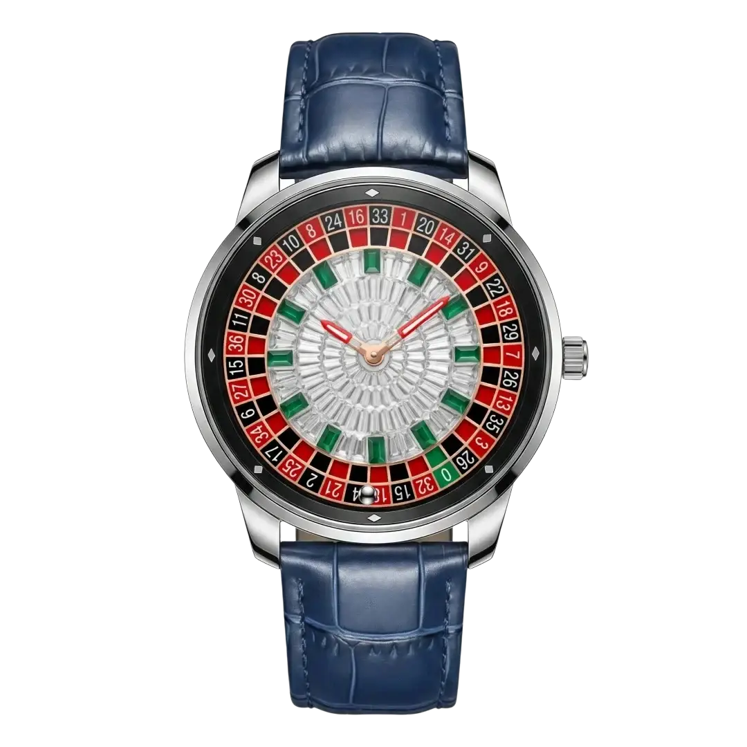 Russian Roulette Diamond Dial men’s watch with a sleek silver case and navy blue crocodile leather strap featuring a roulette dial
