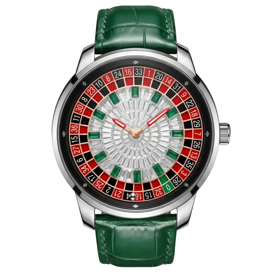 A sleek silver Russian Roulette diamond dial men’s watch with a green crocodile leather strap and intricate numbered dial