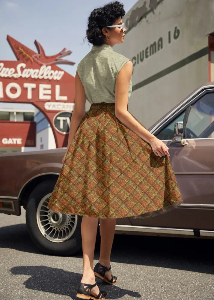 Rust plaid Doris retro a-line cotton skirt with pockets in brown and olive green lightweight fabric