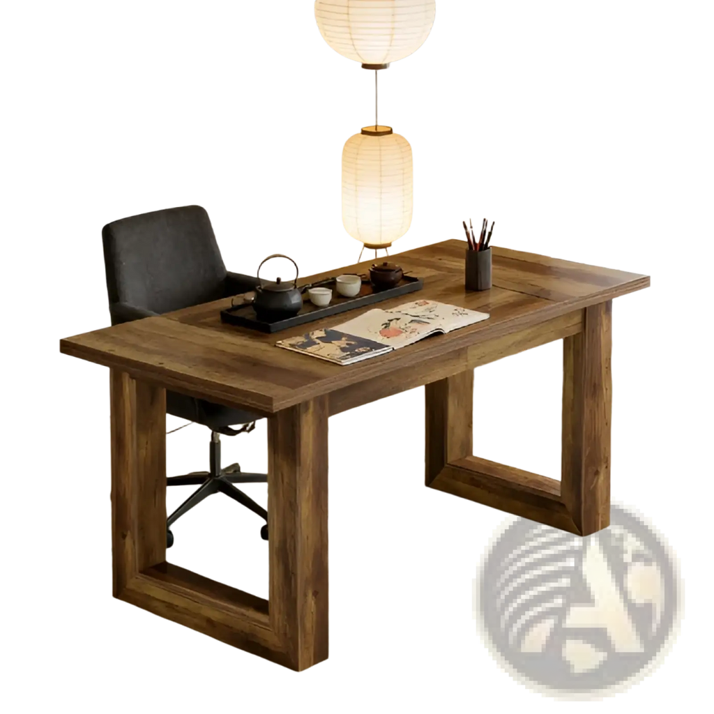 Rustic brown wooden computer and dining desk with thick dark brown legs and sturdy top surface in wood material