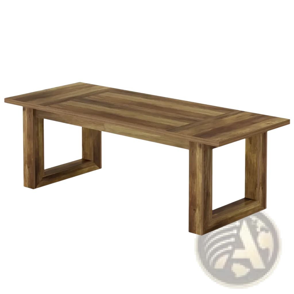 Rustic brown wooden computer and dining desk with a slatted top and sturdy rectangular legs