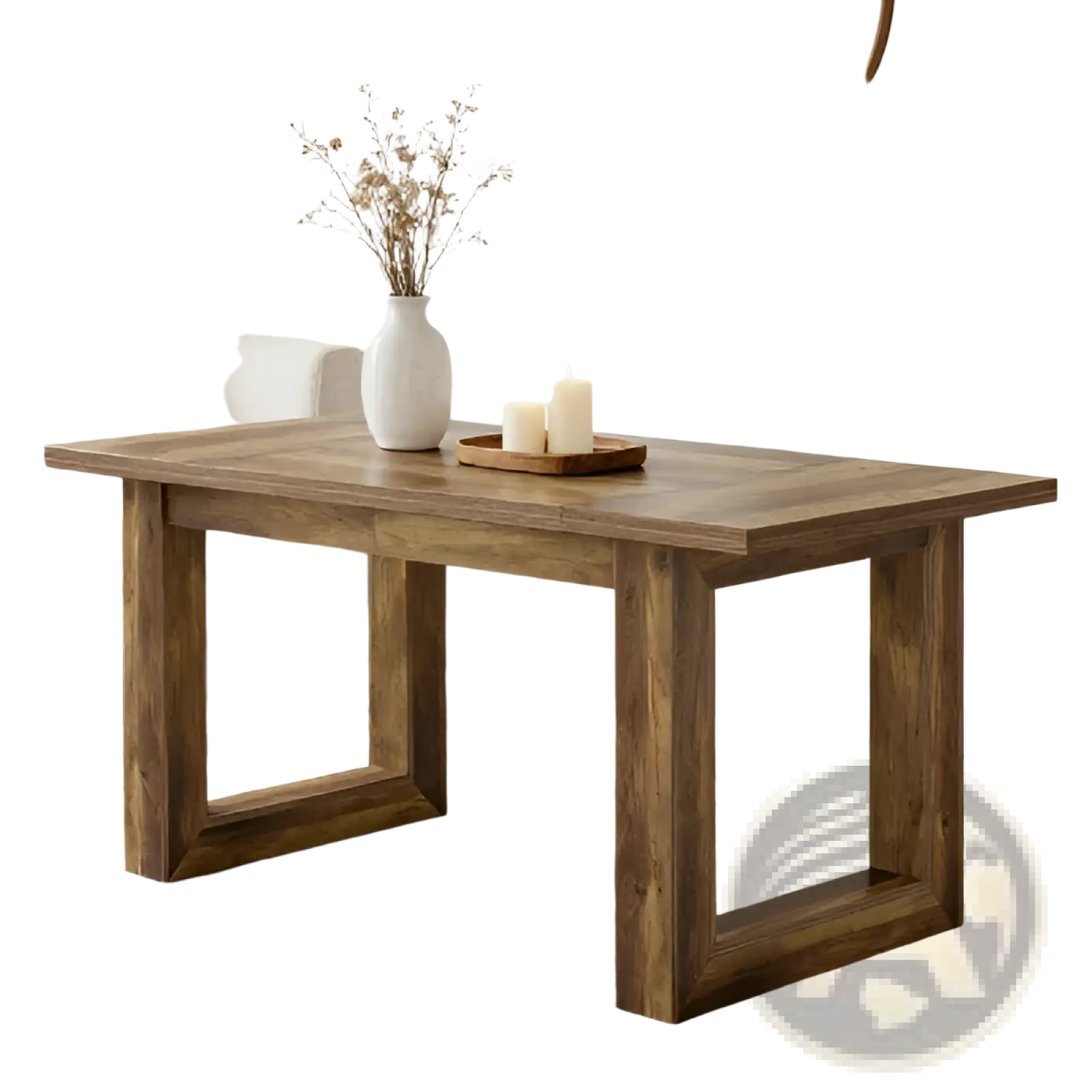 Rustic brown wooden computer and dining desk with sturdy square legs and a warm brown finish